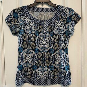 Relaxed By Charter Club Womens 3XL Short Sleeve Blue & White Patterned Top With